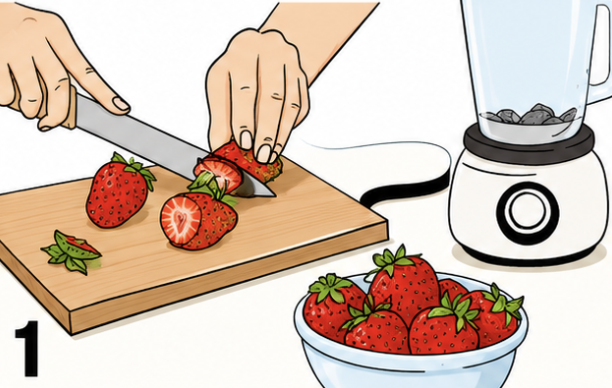 Erdbeeren werden auf einem Schneidebrett mit einem Messer geschnitten.